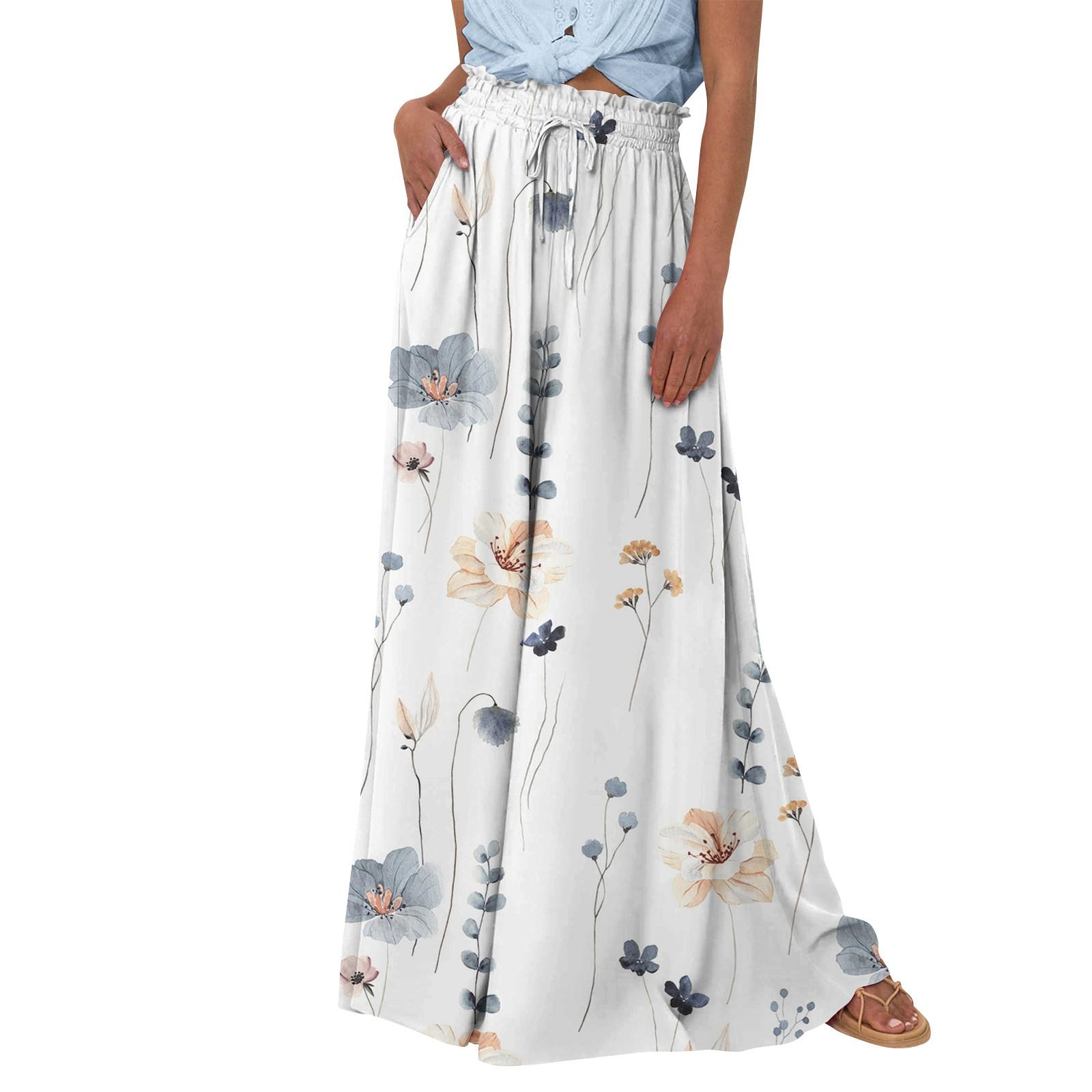 

Женские широкие брюки с высокой талией, летние повседневные струящиеся брюки-палаццо, пляжные брюки с цветочным принтом и карманом XXL белый