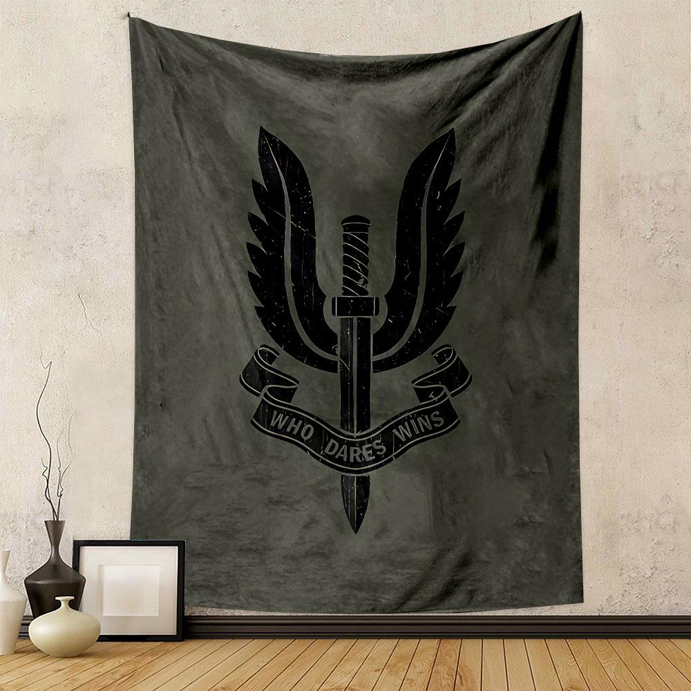 Who Dares Wins SAS Emblem Tapestry Wall Hanging, Special Forces Badge Art, Military Wall Decor for Bedroom Living Room Man Cave