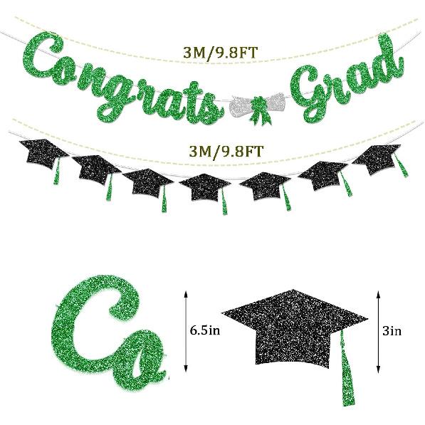 Glitter Green Congrats Grad Decorations Banner Pre-Strung Graduation Decorations Class of 2026 Banner Green and Black Congrats Grad with Tassel Decor