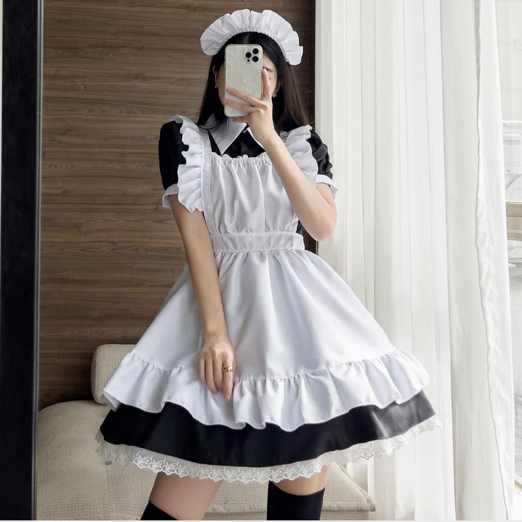Maid Cosplay Short Gothic Lolita Short Plus Sizes [FULINE] British-style Outfit, Costume, Sleeves, Dress, Skirt, (4XL)