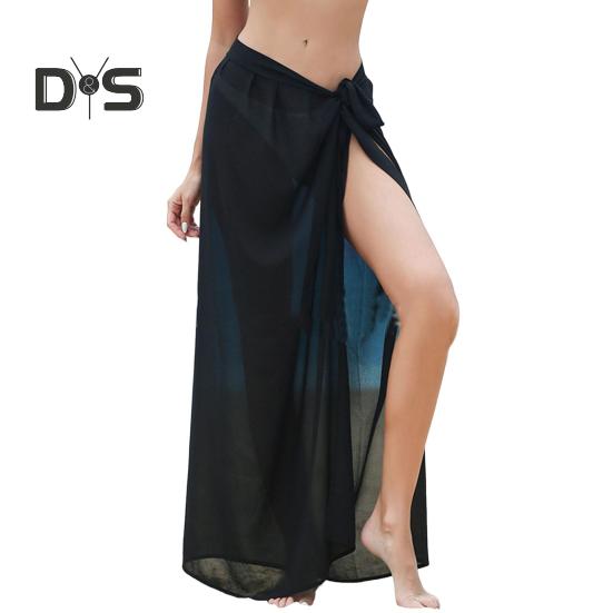 Women Beach Skirt Lace-up Solid Color See-through Thin Quick-Drying Flowy Skirt Sun Protection Bikini Cover Up