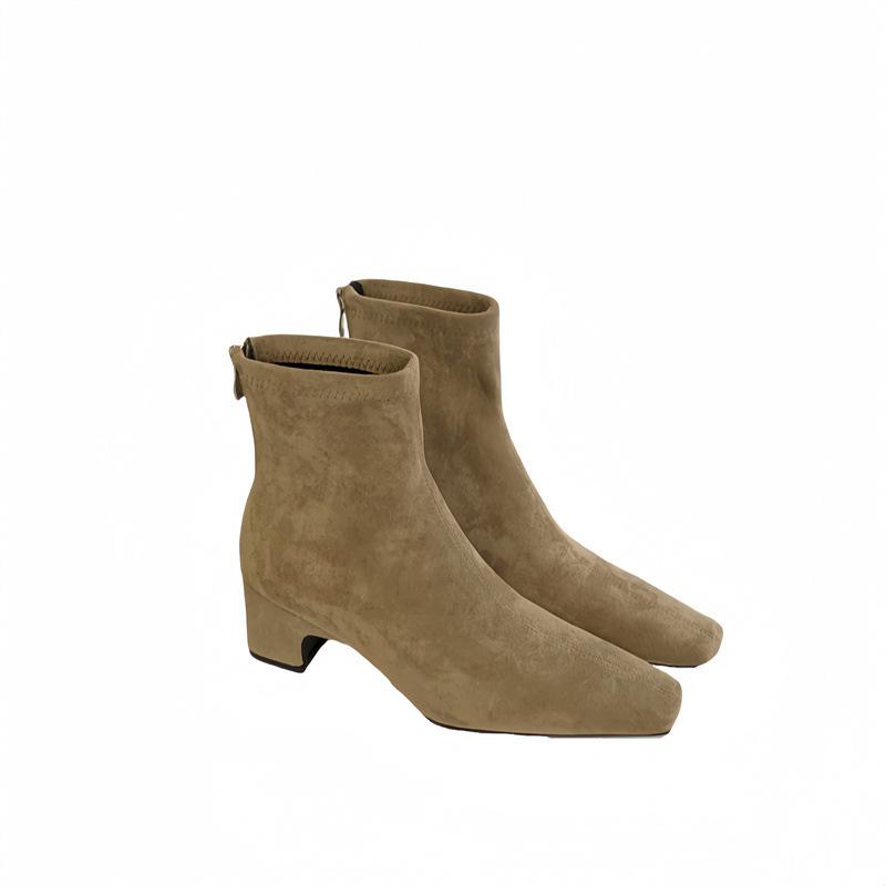 Retro Thick-heeled Short Boots for Women In Autumn and Winter 2025, New Square Head Suede Rear Zipper Small Ankle Boots, Elastic and Thin Boots 