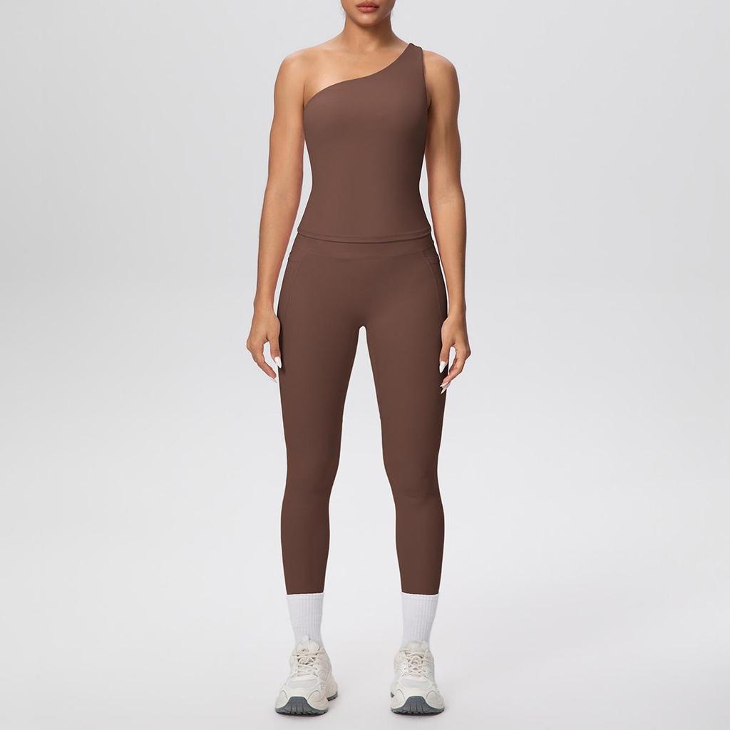 European & American Solid Color One-Shoulder Sports Vest & High-Waisted Pocket Yoga Pants Fitness Set for Women