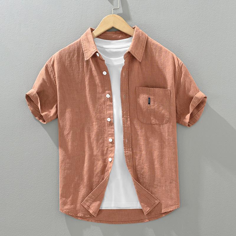 1267 Solid Color Short Sleeve Cotton Linen Shirt