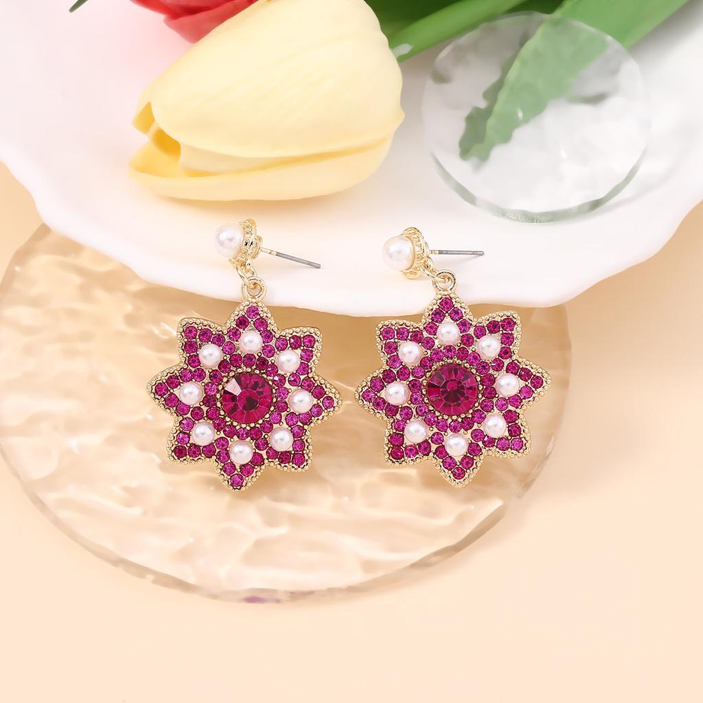 Bohemian vintage colored diamond-encrusted rice beads flower floral earrings imitation pearls exaggerated statement earrings