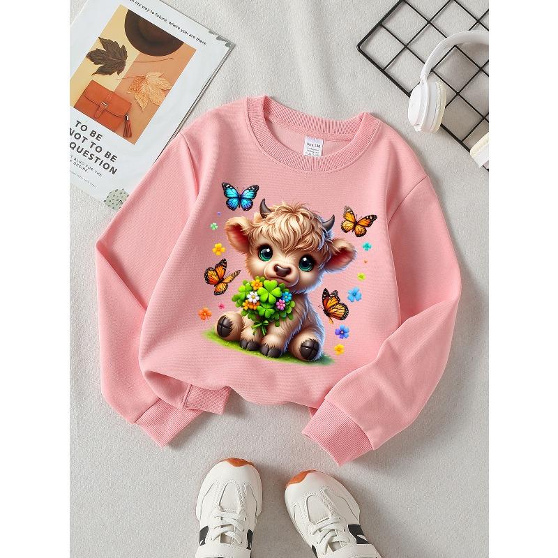 Girls' Crewneck Sweatshirt Cute Bull with Flowers And Butterflies Machine Washable, Spring And Autumn, Sportswear And Casual Wear