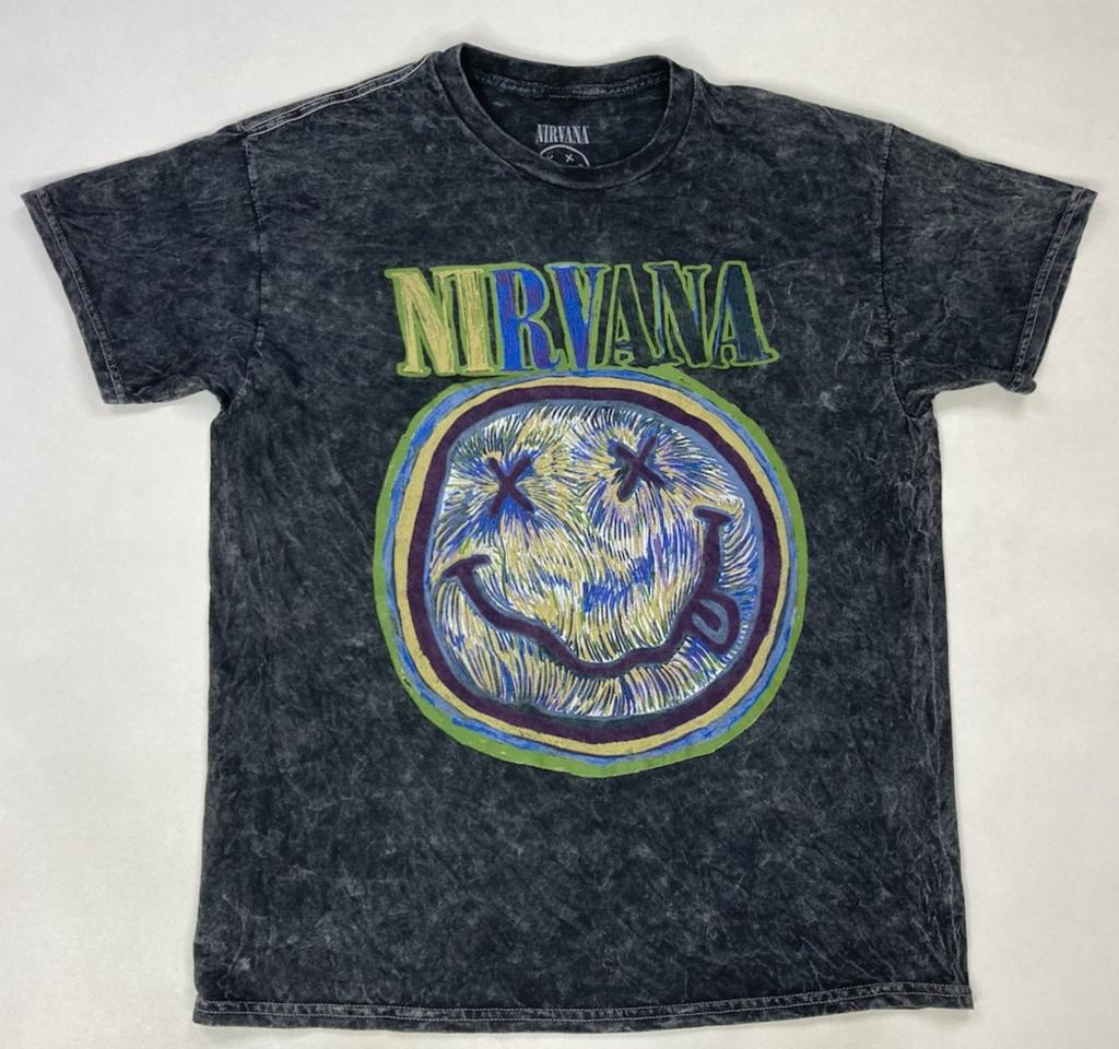 Nirvana Happy Face Graphic T-shirt Men Large Black Wash Short Sleeve Music