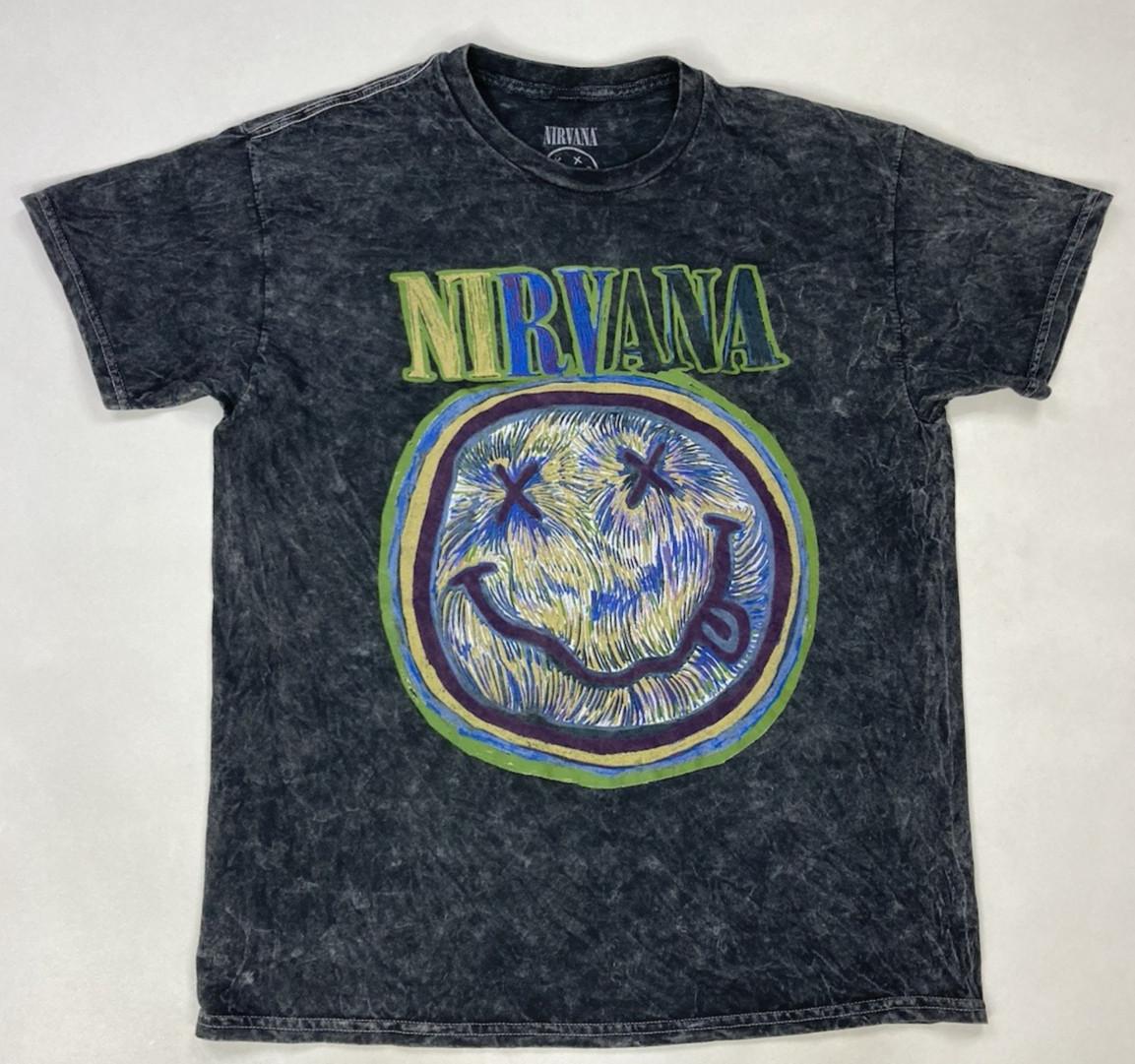Nirvana Happy Face Graphic T-shirt Men Large Black Wash Short Sleeve Music XXXXL