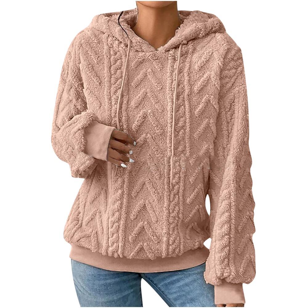 Felpa con cappuccio in pile accogliente da donna, calda, larga, maniche lunghe, tinta unita grigio, pullover casual, pullover invernale casual con cappuccio