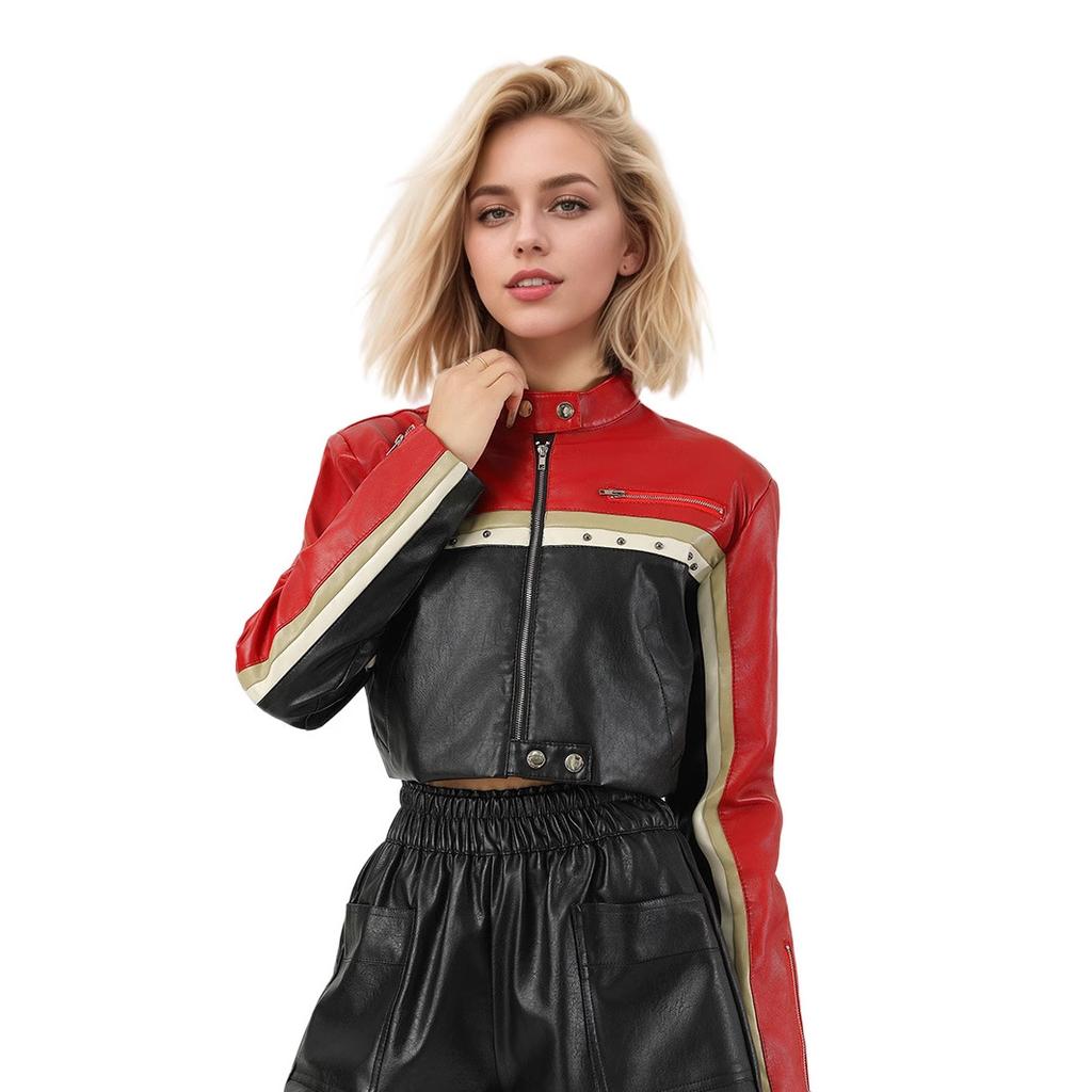 European And American Contrasting Color Splicing Women'S Leather Jacket Spice Girl Locomotive