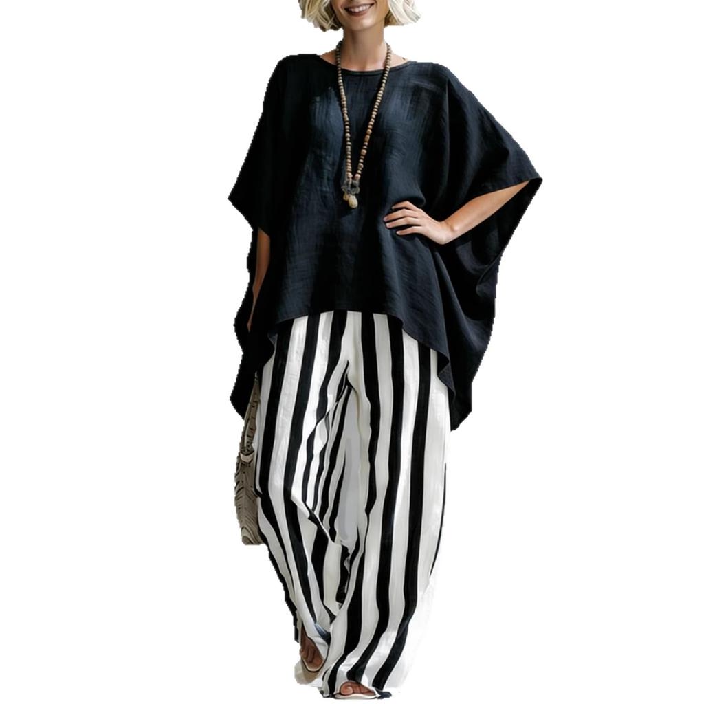 2026 Amazon European and American Cross-border Women's Clothing Spring and Summer Loose Cotton and Linen Bat Sleeve T-shirt Cape Casual Suit