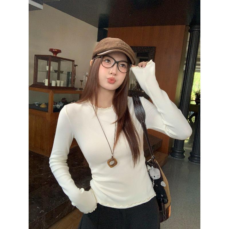 Semi-turtleneck Velvet Thickened Good-looking Korean Bottoming Shirt Women's Inner Winter New Long-sleeved Shirt Premium Polka Dot Top