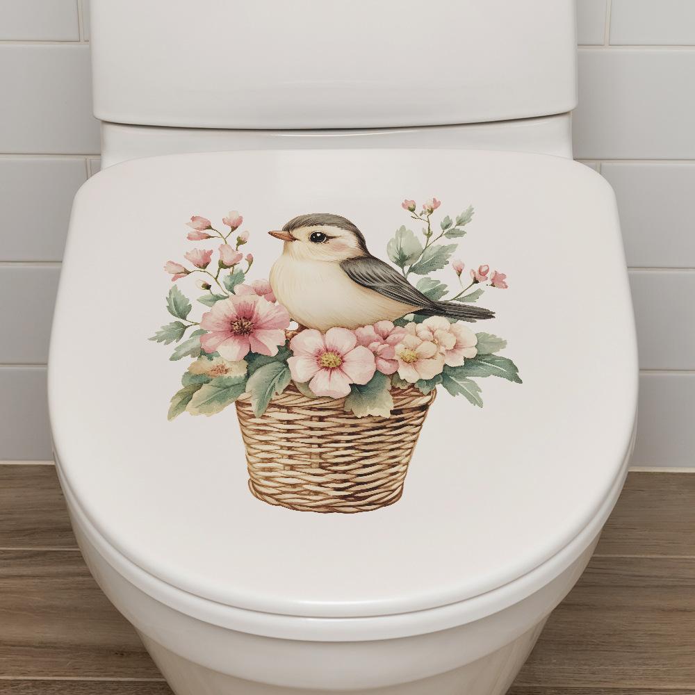Cartoon Green Leaf Flower Basket Little Bird Bathroom Toilet and Home Beautification Stickers