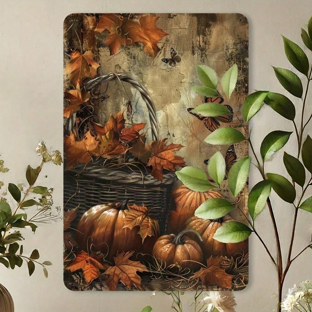 Vintage Autumn Metal Tin Sign 8x12 Inch Rustic Farmhouse Wall Decor, Retro Harvest Pumpkin Butterfly Leaf Seasonal Home Decoration