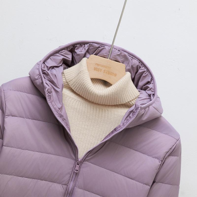 Down jacket women's light and thin fashion hooded short plus large size plus fat white duck down light European size coat
