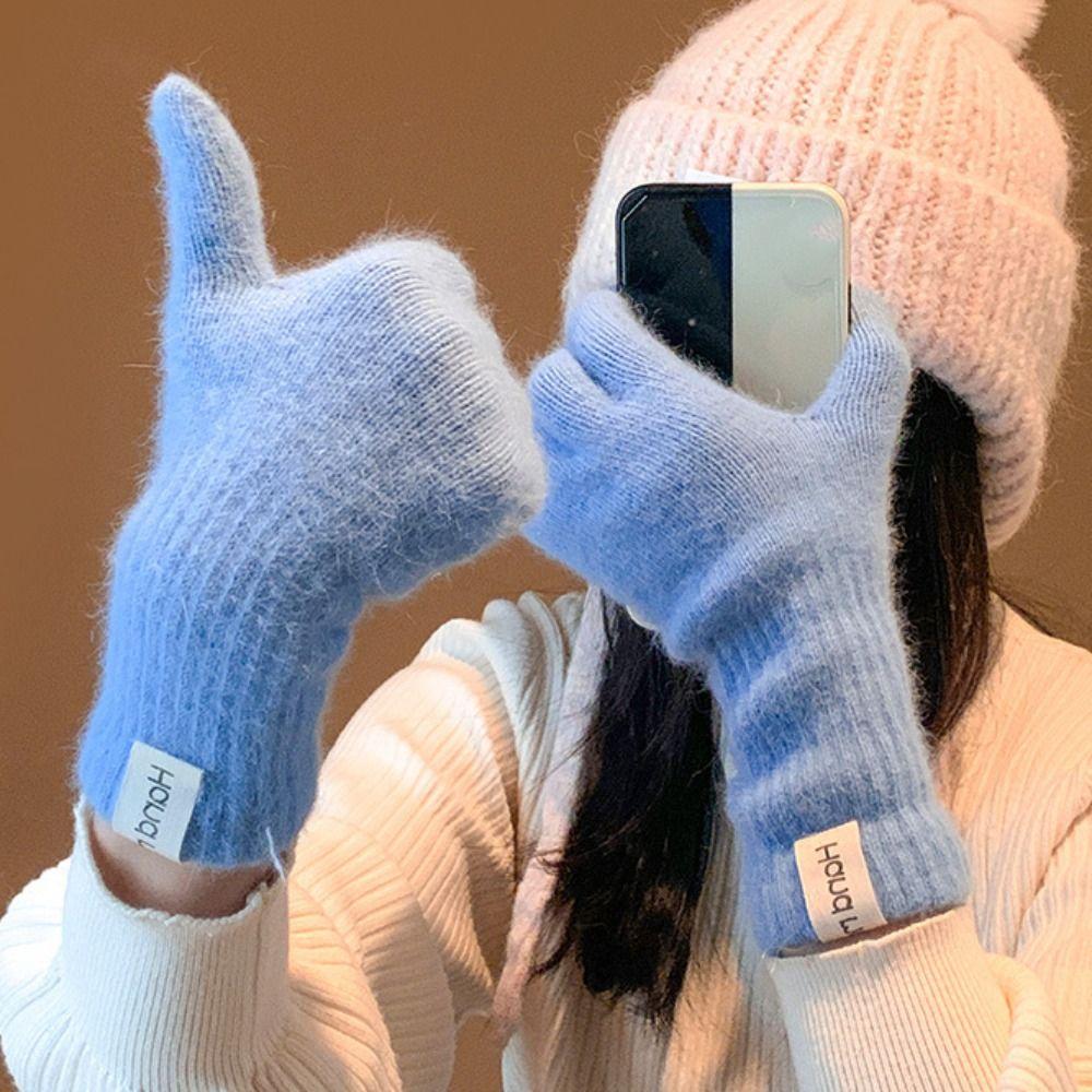 Touch-screen Flannel Gloves Warm Full Finger Mittens Breathable Long Rabbit Fur Gloves Cycling