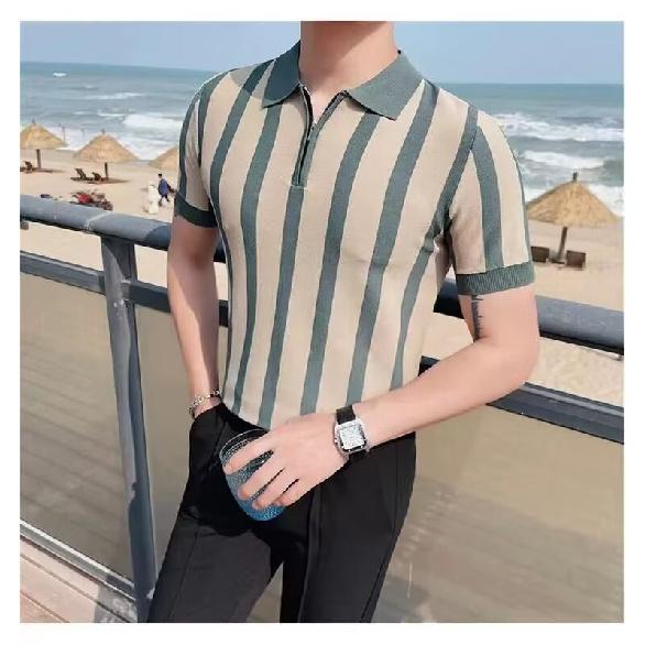 Summer Men's Knitted Short Sleeve Half-Zip Polo Shirt Korean Style Slim Fit Casual Turn-Down Collar Half Sleeve T-Shirt Base Shirt