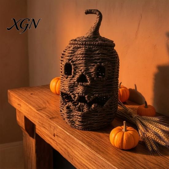 Handmade Fall Decor Handwoven Halloween Pumpkin Basket, Spooky Candy Storage Basket with Lid, Vintage Wicker LED Lantern for Light Up Candle