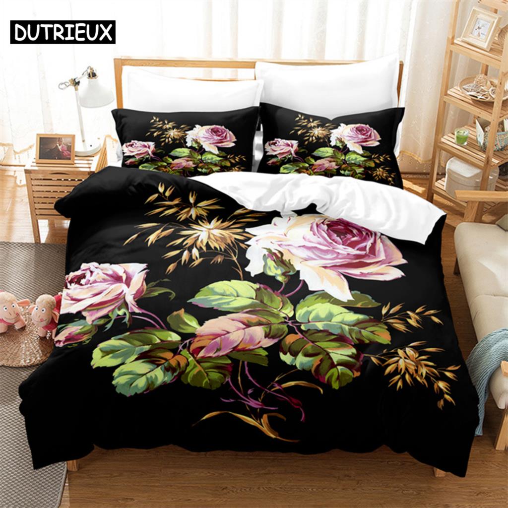 Pink Flower Queen Bedding Set Black Duvet Cover Set Bedding Digital Printing Bed Linen King Size Duvet Cover Set Bedding Set