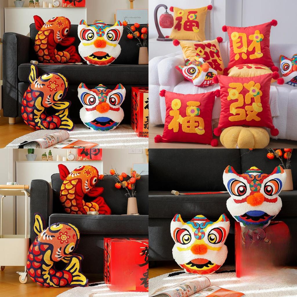 Traditional Chinese New Year Pillow Plush Cushion With Festive Embroidery For Home Decor