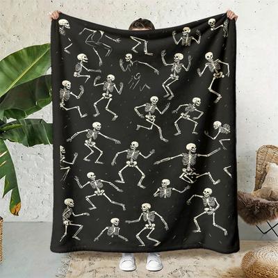 2026 New Arrivals 1pc Spooky Cute Dancing Skeletons Throw Blanket Soft Flannel Cozy & Day of The Dead Decorations Black Background with White Skeleton