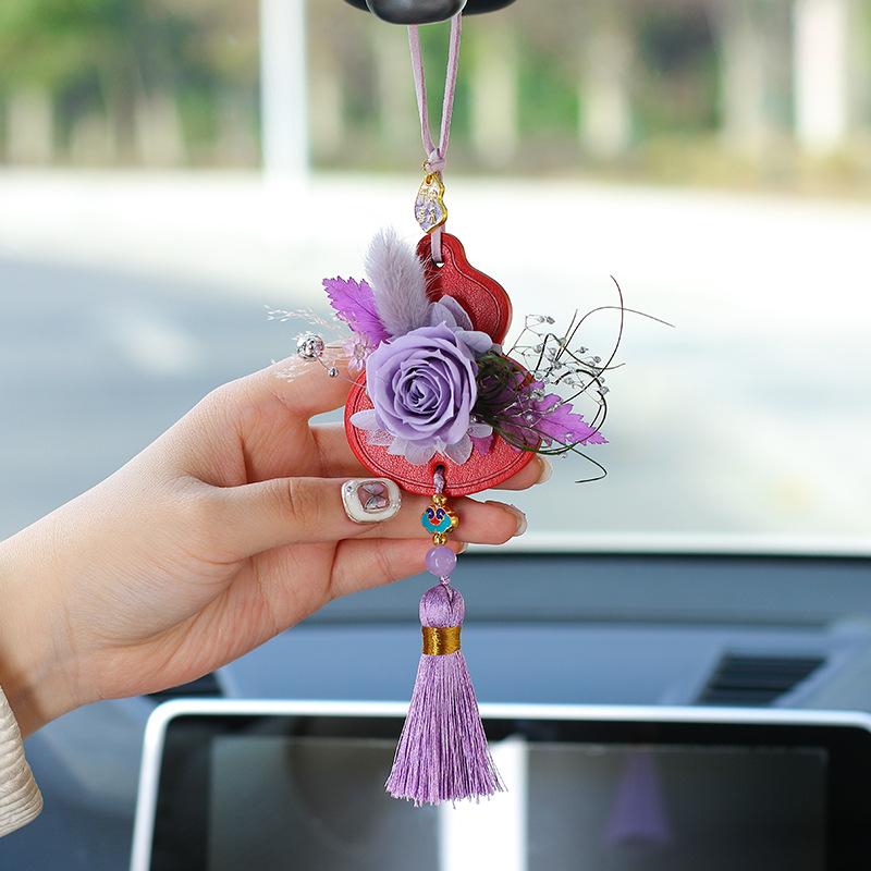 Lu Yi Handmade Eternal Flower Fortune and Prosperity Car Hanging Pendant - Chinese Style New Year Blooming Rose Gourd Decor.