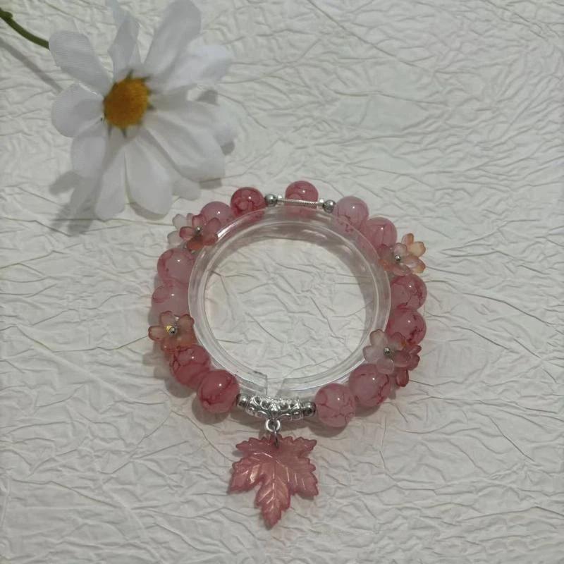 Crystal Beaded Bracelet Cute Leaf Pendant Lucky Blessing Hand Chain Fashion Accessory for Girls Daily Outfit