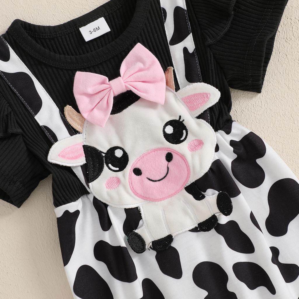 Baby Girl 2Pcs Spring Outfits Short Sleeve Round Neck Cow Embroidery Jumpsuit with Headband Set Newborn Clothes