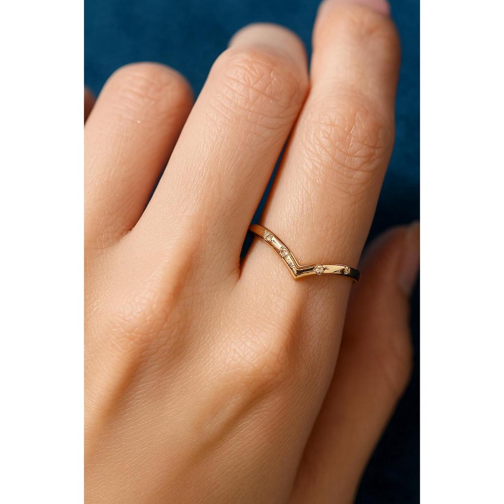 Chevron V Shape Ring with Tiny CZ Stones, Minimalist Stacking Band, Dainty Rose Gold Plated Silver Jewelry for Women