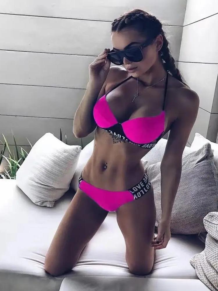 2024 novo biquíni sexy biquíni maiô bolsa dura LOVE listrado maiô dividido feminino