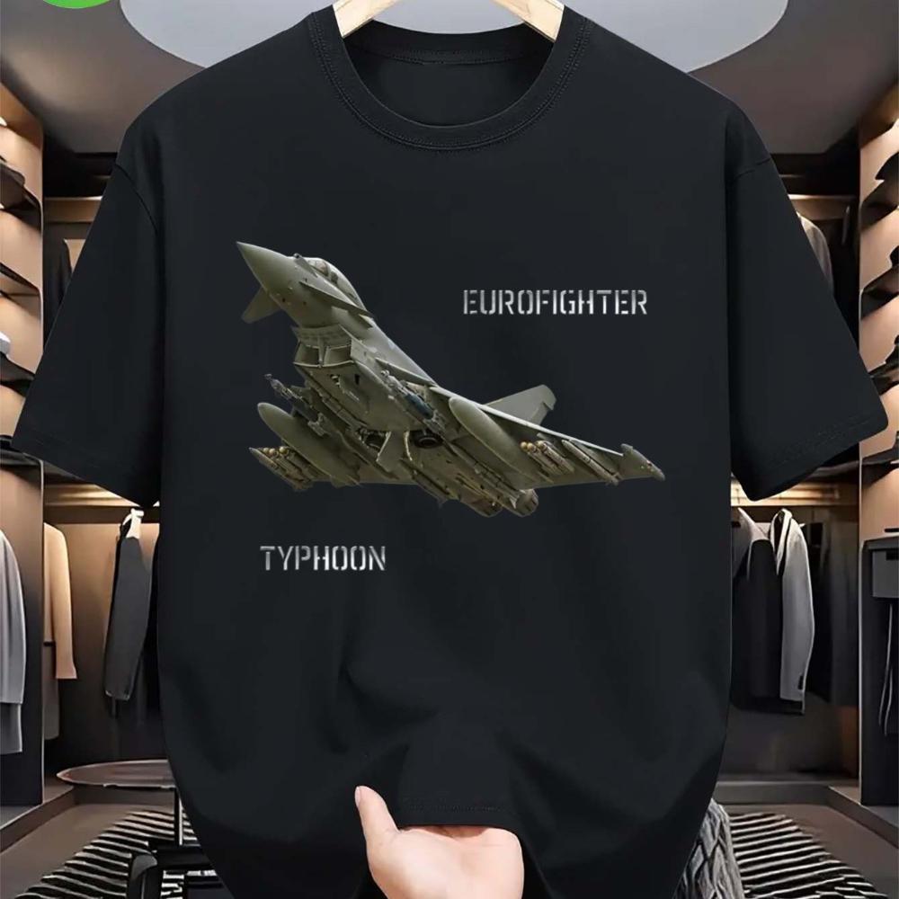 Футболка с изображением истребителя Eurofighter Typhoon для унисекс Реалистичный дизайн самолета с логотипом Typhoon Черная хлопковая футболка с коротким рукавом L