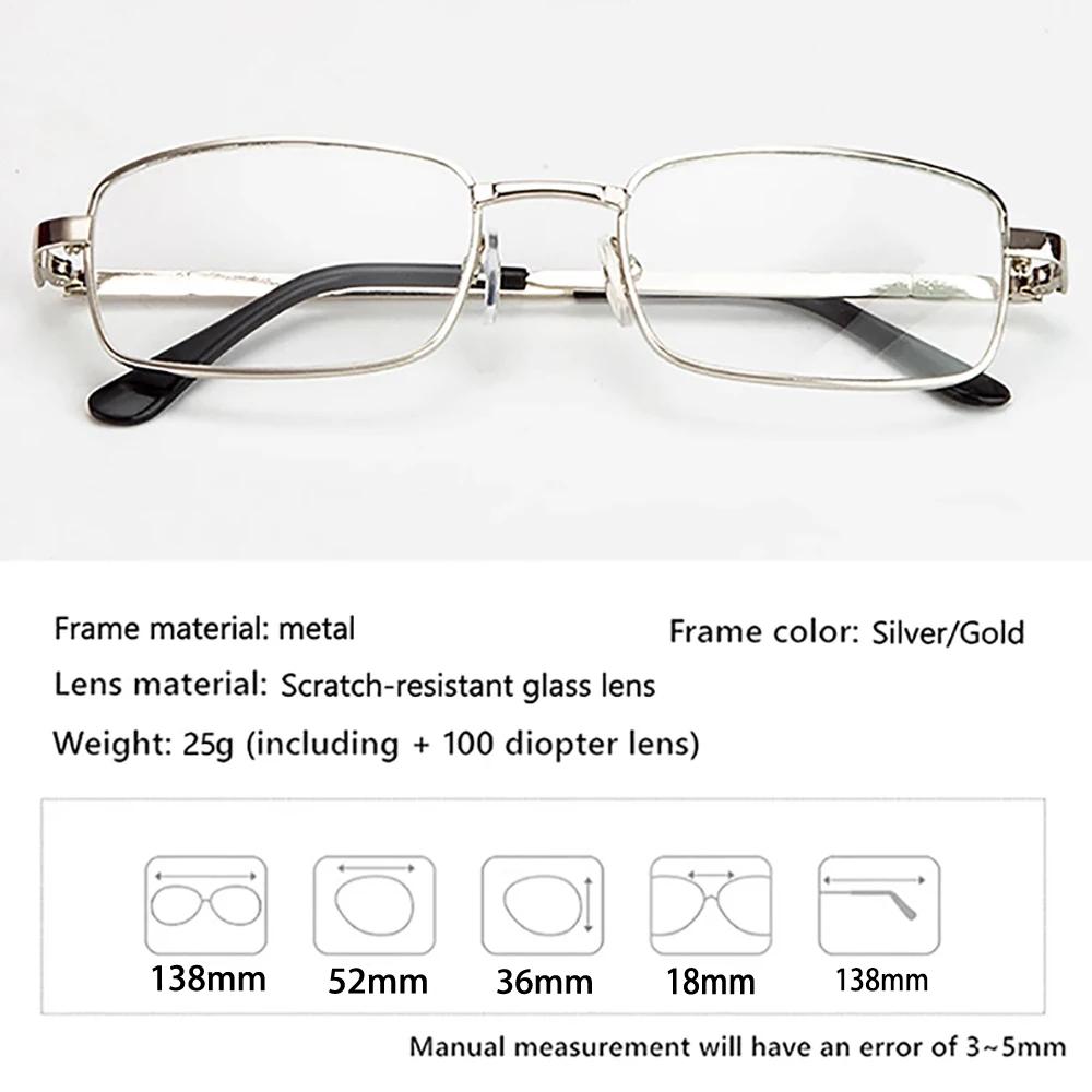 Anti-Scratch Reading Glasses Retro Square Presbyopic Eyewear With Glass Lenses Metal Hyperopia Eye Glasses Men's Glasses +3.5+4