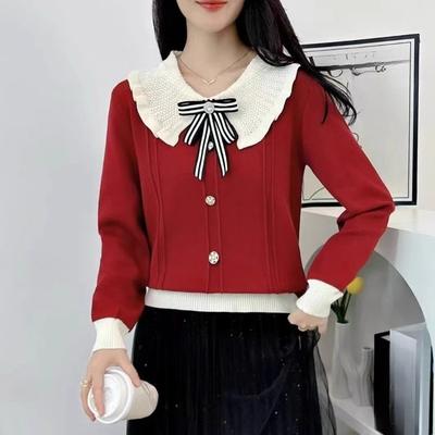 Nuovo Top in Maglia a Maniche Lunghe con Colletto da Bambola Autunnale, Fiocco e Pizzo