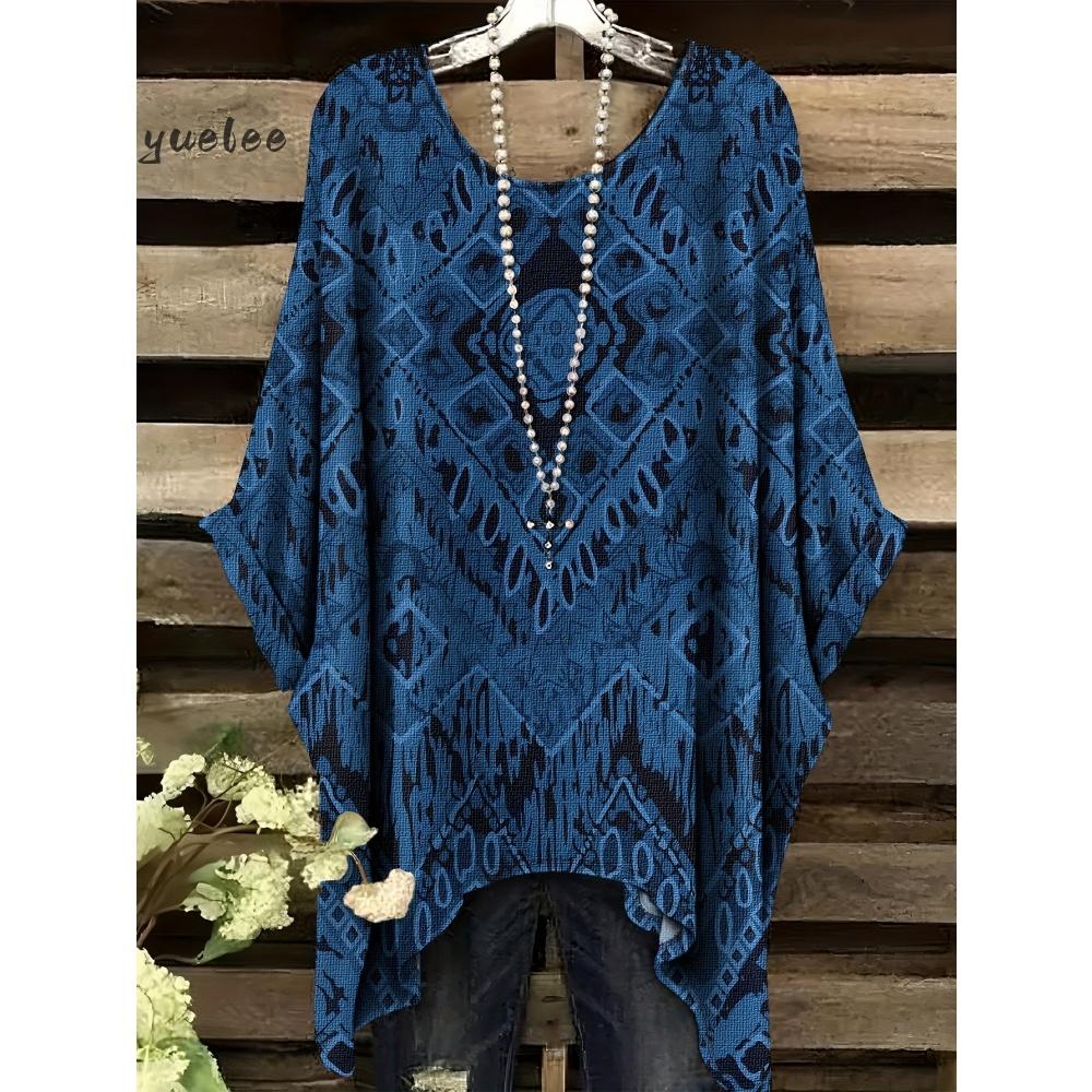 Tessuto Estivo Imitazione Denim Stampa Tie-Dye Orlo Irregolare Girocollo Manica Corta da Donna Abbigliamento Casual da Esterno da Donna