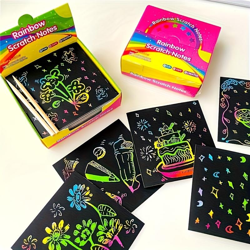 1 Box of 100 Rainbow Scratch-Off Mini Art Sticky Notes, Handmade Art Party Supplies, Birthday and New Year Gifts, Creative Colorful Doodles