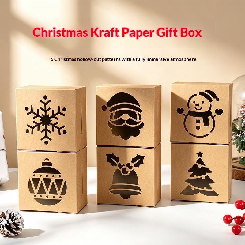 6Pcs Kraft Paper Christmas Gift Boxes 6 Assorted Hollow Carved Patterns For Holiday Gift Wrapping Party Favors Decor
