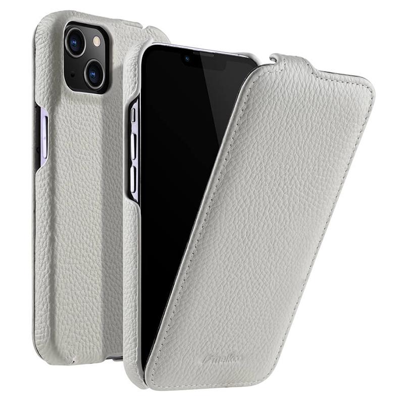 

MELKCO For iPhone 13 Vertical Flip Phone Case Litchi Texture Genuine Cow Leather+PC Protective Shell Cover White