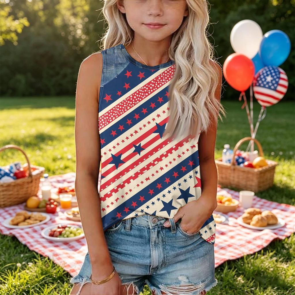 Sleeveless Loose Fit Tank Top for Girls Independence Day Denim Print Round Neck Tee Shirt