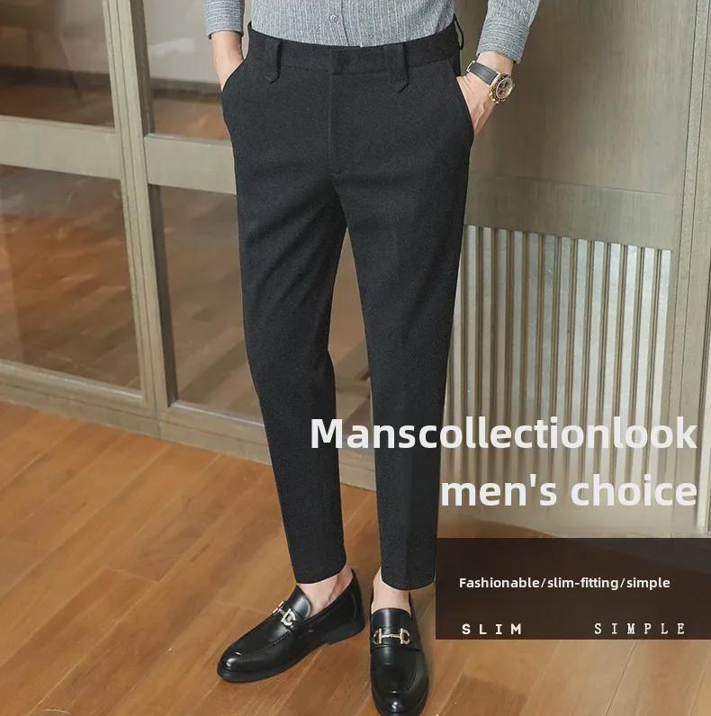 Men's Slim Woolen Trousers: Autumn/Winter Business Casual or Formal Tweed Nine-Point Pants