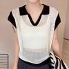 Fashionable Color-blocking Lapel Short-sleeved T-shirt for Women's Summer New Style Elegant and Slimming Knitted Top