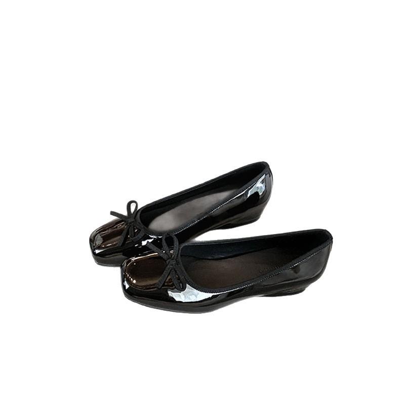 Su Yinyin Has the Same Burgundy Inner Height Increase Square Head Bow Commuting Ol Single Shoes Women's Ballet Shoes Mary Jane Shoes