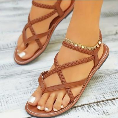 Fashion Toe Woven Flat Shoes Summer New Round Head One Line Buckle Strap Beach Shoes Light Non-slip Sandals