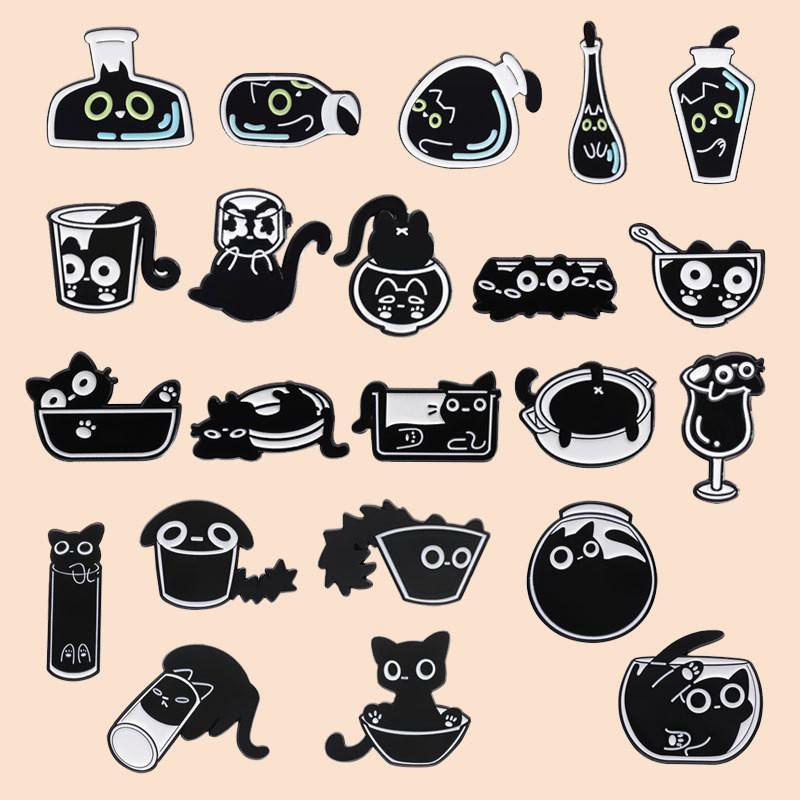 Stylish Cartoon Character Black Cat Brooches Set Charming Metal Accessories For All