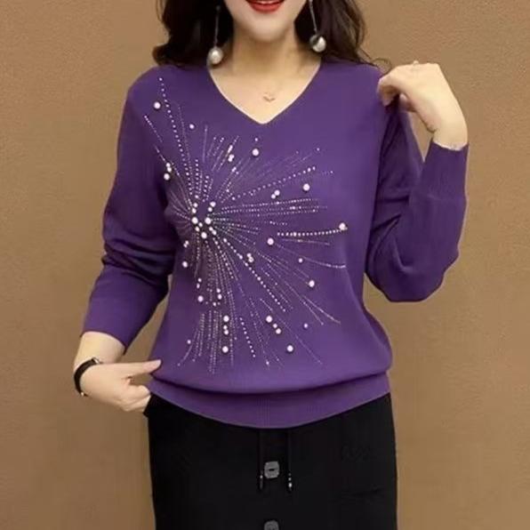 

Женский свитер с V-образным вырезом, осенне-зимний, с бисером, свободного кроя, однотонный пуловер, вязаный топ 2XL фиолетовый
