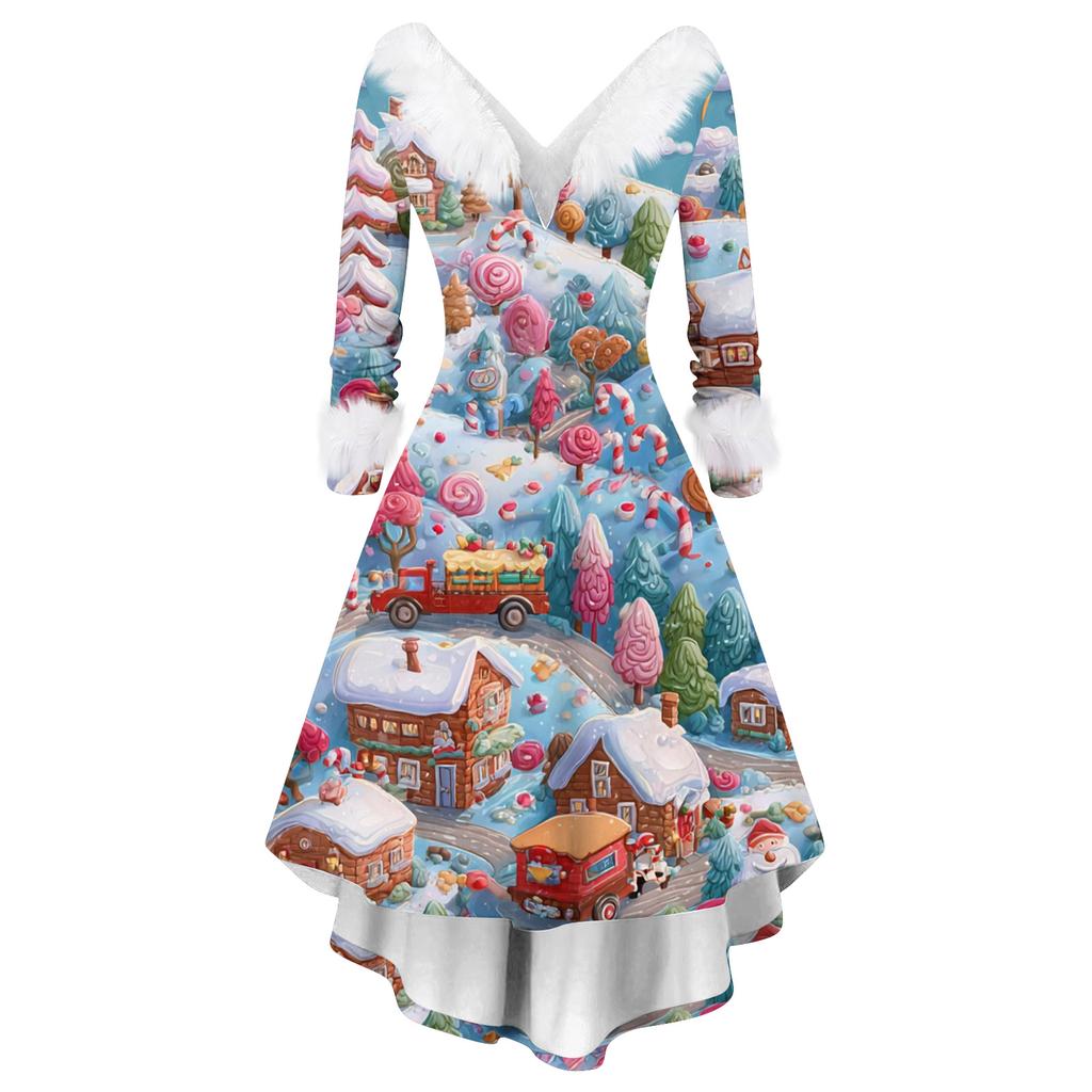 Dame Mote Casual V-hals Juleprint Langermet Kjole