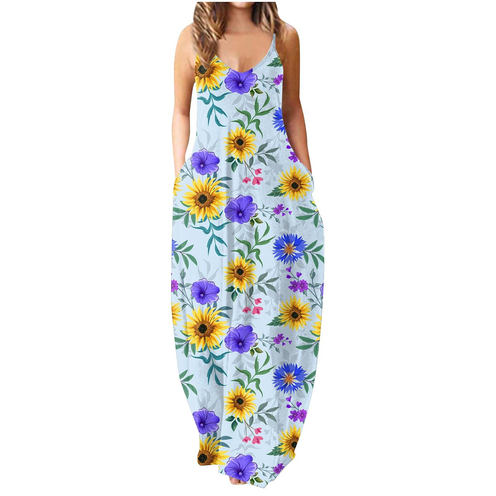 

Женские летние солнцезащитные платья, длинное платье на тонких бретельках без рукавов с цветочным принтом, повседневное длинное платье макси для женщин с карманами XXL светло-синий