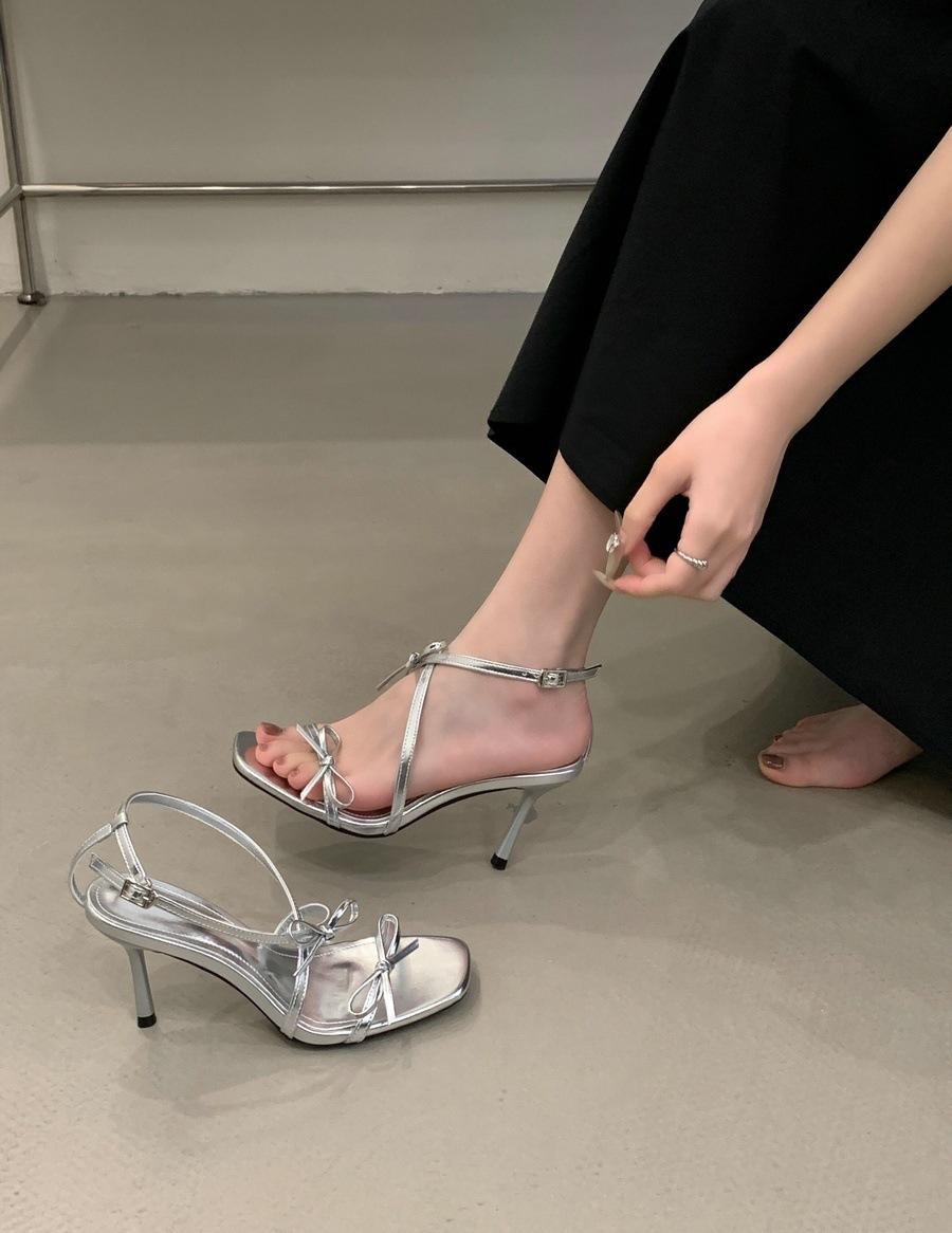 

Slim-heeled sandals for women 2025 summer French bow with skirt open-toed high-heeled sandals for Roman women 40 срібний