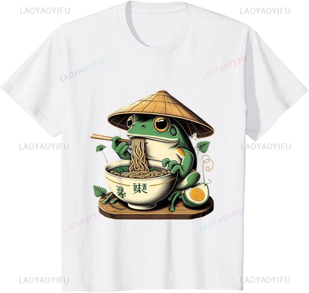 Frog Eating RaUnisex Kawaii Japanese Noodles Anime Lovers TShirt Casual Fashion Loose Harajuku Style Unisex Tshirt Summer Women Tees