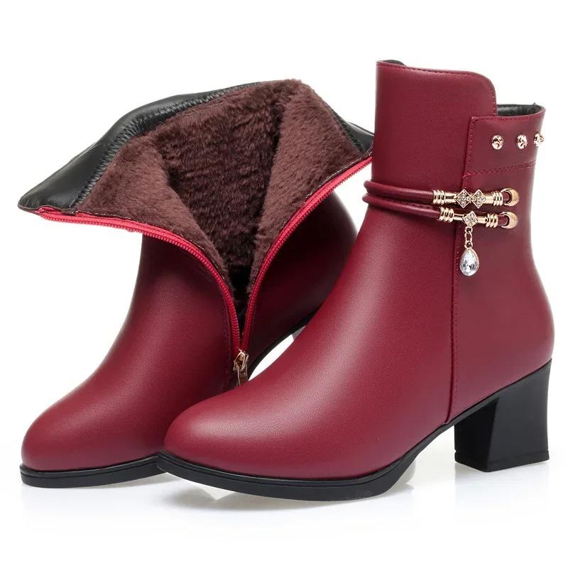 Quality Women's Ankle Boots Fashion Thick High Heels Mid-calf Leather Boots Thicke Plush Warm Cotton Boot Winter Boots for Women