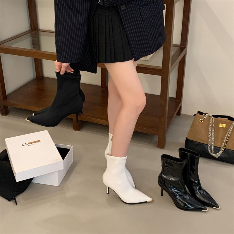 2025 autumn and winter new fashion boots metal pointed temperament short boots thin boots Muse fan pointed thin heel high heel boots